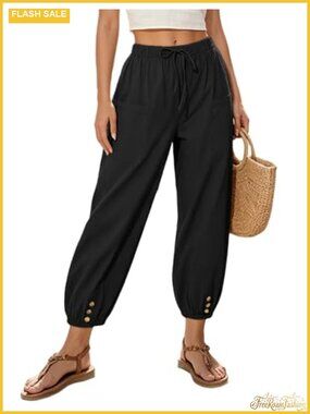 Women's Cotton Drawstring Elastic High Waist Baggy Wide Leg Capri Pants
